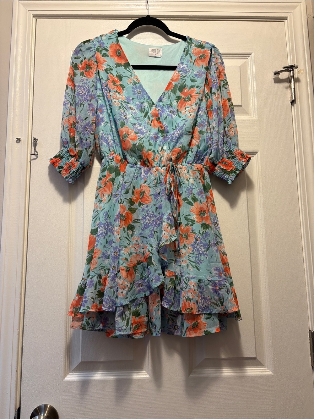 Sienna Sky Mint Floral Wrap Dress with Orange & Lavender Flowers